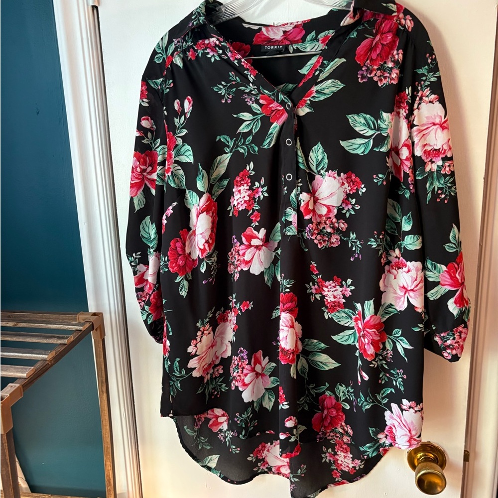 Torrid Black Floral Blouse with Pink, red and Green Accents
